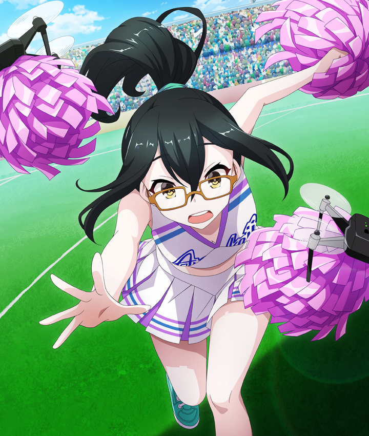 1girl audience bare_shoulders bent_over black_hair bleachers blue_sky breasts brown-framed_eyewear cheerleader clothes_writing cloud crop_top day dot_nose double-parted_bangs downblouse drone dutch_angle game_cg glasses green_scrunchie green_shoes hair_ornament hair_scrunchie hair_up high_ponytail holding holding_pom_poms medium_breasts medium_hair midriff morishita_kihiro official_art open_mouth outdoors outstretched_arms pom_pom_(cheerleading) pom_poms ponytail reaching reaching_towards_viewer rectangular_eyewear romaji_text scrunchie shoes skirt sky sleeveless sneakers solo_focus stadium tank_top teeth third-party_source toji_no_miko toji_no_miko:_kizamishi_issen_no_tomoshibi upper_teeth_only white_skirt white_tank_top yellow_eyes