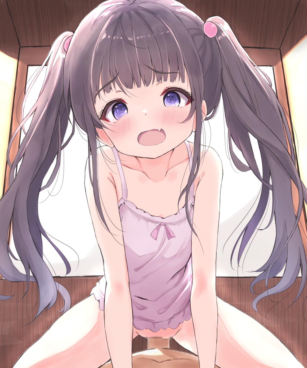 1boy 1girl arm_support blue_eyes blush bottomless camisole censored cowgirl_position fang furrowed_brow girl_on_top hair_bobbles hair_ornament hetero highres leaning_forward loli long_hair looking_at_viewer matthew_(yo_matthew) open_mouth original penis pink_camisole pov pussy sex sidelocks skin_fang smile spread_legs straddling thighs twintails vaginal