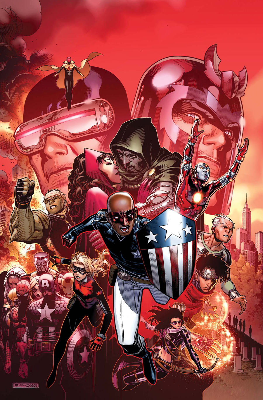 5girls 6+boys armor avengers_(series) bald billy_maximoff black_hair blonde_hair bodysuit bow_(weapon) brother_and_sister brown_hair cape captain_america captain_america_(series) carol_danvers character_request city colored_skin colossus_(x-men) comic_cover commentary cowl cyclops_(x-men) dark-skinned_female dark-skinned_male dark_skin doctor_doom domino_mask english_commentary eye_mask father_and_daughter father_and_son gloves green_hood green_skin hawkeye_(marvel) head-mounted_display headband helmet highres holding holding_bow_(weapon) holding_shield holding_weapon hulkling iron_man iron_man_(series) jim_cheung kate_bishop long_hair magic magneto marvel mask metal_mask midriff mother_and_son ms._marvel multicolored_armor multiple_boys multiple_girls muscular muscular_male official_art pants patriot_(marvel) peter_parker pietro_maximoff power_armor quicksilver_(marvel) red_armor red_cape red_gloves red_helmet red_tiara scarf scott_summers shield short_hair siblings spider-man spider-man_(series) spider_web_print steve_rogers storm_(x-men) superhero_costume third-party_source tony_stark uncle_and_nephew vision_(marvel) weapon western_comics_(style) white_hair white_pants white_scarf wiccan wolverine_(x-men) x-men yellow_armor young_avengers