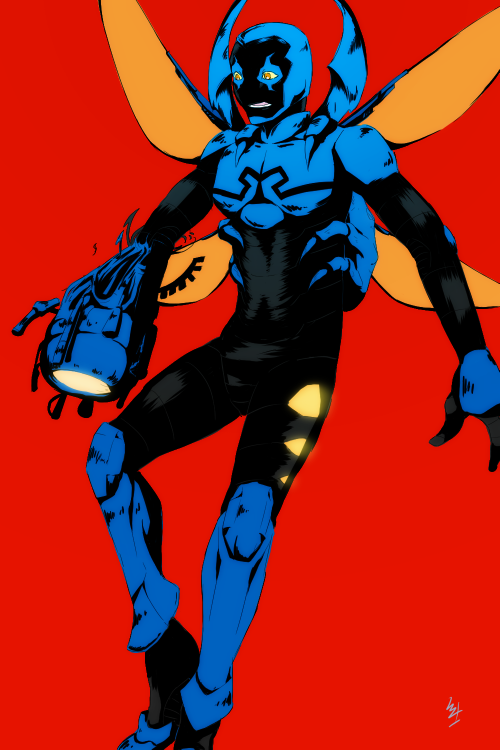 1boy artist_name blue_beetle bodysuit boots cannon dc_comics gloves insect_wings male_focus mask open_mouth orange_eyes red_background simple_background solo teeth wings young_justice