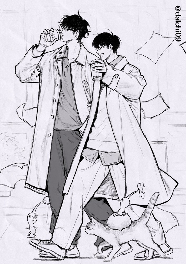 2boys cat coat collared_shirt commentary cup curtained_hair dalchi09 falling_paper glasses greyscale grin holding holding_cup kim_dokja looking_to_the_side male_focus mandrake monochrome multiple_boys omniscient_reader's_viewpoint open_clothes open_coat shirt short_hair smile symbol-only_commentary walking yoo_joonghyuk