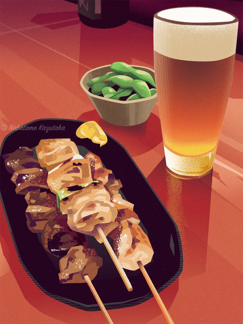 alcohol beer bottle commentary cup drinking_glass edamame english_commentary food food_focus highres meat nabatame_kazutaka no_humans original skewer still_life table yakitori