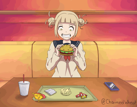animated animated_gif blonde_hair boku_no_hero_academia burger cellphone charmedwheat drink food french_fries ketchup lettuce mustard napkin necktie phone school_uniform shocked_pupils surprised toga_himiko tomato yellow_eyes