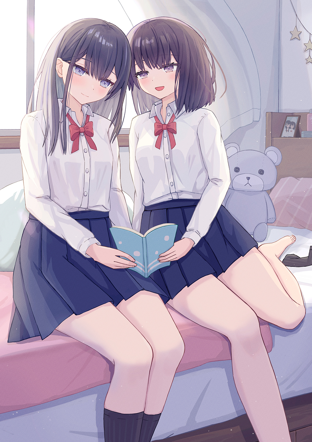2girls barefoot bed bed_sheet bedroom black_hair black_skirt black_socks blanket blue_eyes book brown_hair collared_shirt commentary_request curtains enokitake feet highres holding holding_book indoors legs long_hair long_sleeves medium_hair multiple_girls on_bed open_mouth original pillow pleated_skirt purple_eyes reading school_uniform shirt sidelocks sitting skirt smile socks stuffed_animal stuffed_toy teddy_bear thighs toes unworn_socks white_shirt window