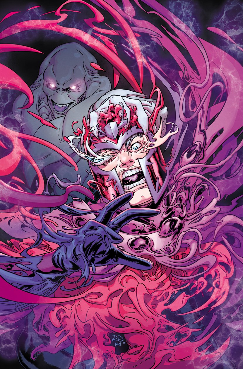 2boys artist_collaboration blue_eyes body_horror bodysuit character_request comic_cover commentary english_commentary gloves glowing glowing_eyes hand_on_another's_head helmet highres horrified initial magneto male_focus marvel matt_wilson mature_male melting melting_eyes monster_boy multiple_boys muscular muscular_male official_art open_mouth purple_background purple_gloves red_helmet russell_dauterman superhero_costume teeth x-men