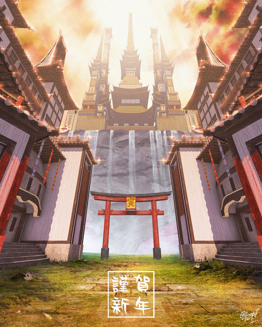 architecture building cloud cloudy_sky commentary_request east_asian_architecture grass haguruma_rapt no_humans original scenery sky stairs torii translation_request water waterfall