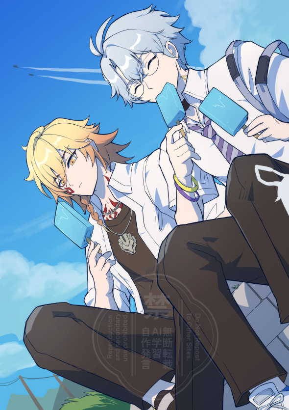 2boys alternate_costume antenna_hair black_choker black_pants blonde_hair blue_sky braid chain chain_necklace chest_tattoo choker chrysos_heirs_school_uniform closed_eyes collared_shirt commentary_request d_cream_g facial_tattoo food glasses gradient_hair holding holding_food holding_popsicle honkai:_star_rail honkai_(series) jewelry male_focus medium_hair multicolored_hair multiple_boys mydei_(honkai:_star_rail) neck_tattoo necklace necktie open_clothes open_shirt pants parted_bangs phainon_(honkai:_star_rail) popsicle purple_necktie red_hair red_tattoo school_uniform shirt shoes short_hair side_braid sitting sky socks sun_symbol sun_tattoo tan tattoo watermark white_hair white_shirt white_shoes white_socks yellow_eyes