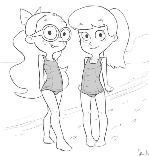 2girls arms_behind_back barefoot beach bow buck_teeth fiona_munson flat_chest footprints freckles glasses haich hair_bow kid_vs._kat loli long_hair looking_at_viewer millie_burtonburger monochrome multiple_girls ocean one-piece_swimsuit ponytail sand school_swimsuit sky smile standing swimsuit teeth water