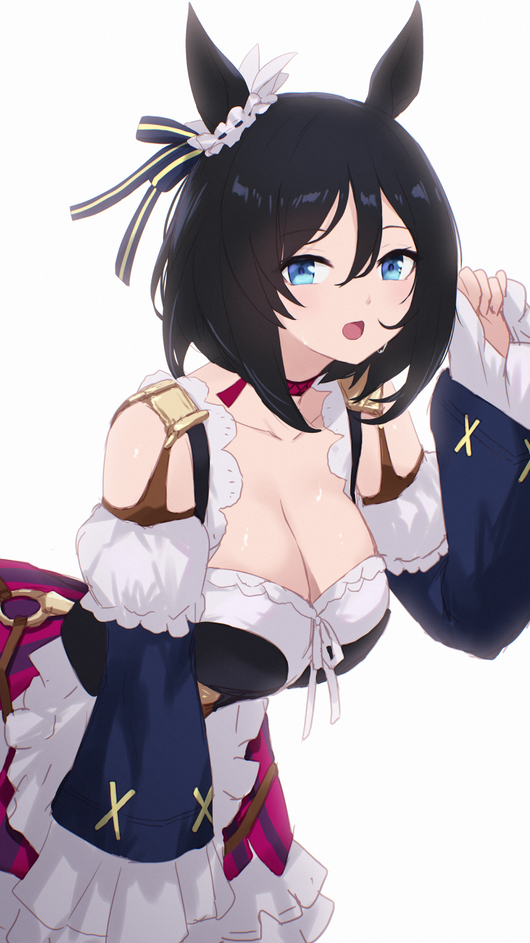 1girl animal_ears bare_shoulders black_hair blue_eyes blush breasts cait_aron cleavage dirndl dress ear_scrunchie eishin_flash_(umamusume) german_clothes highres horse_ears horse_girl horse_tail large_breasts looking_at_viewer open_mouth short_hair smile solo tail umamusume