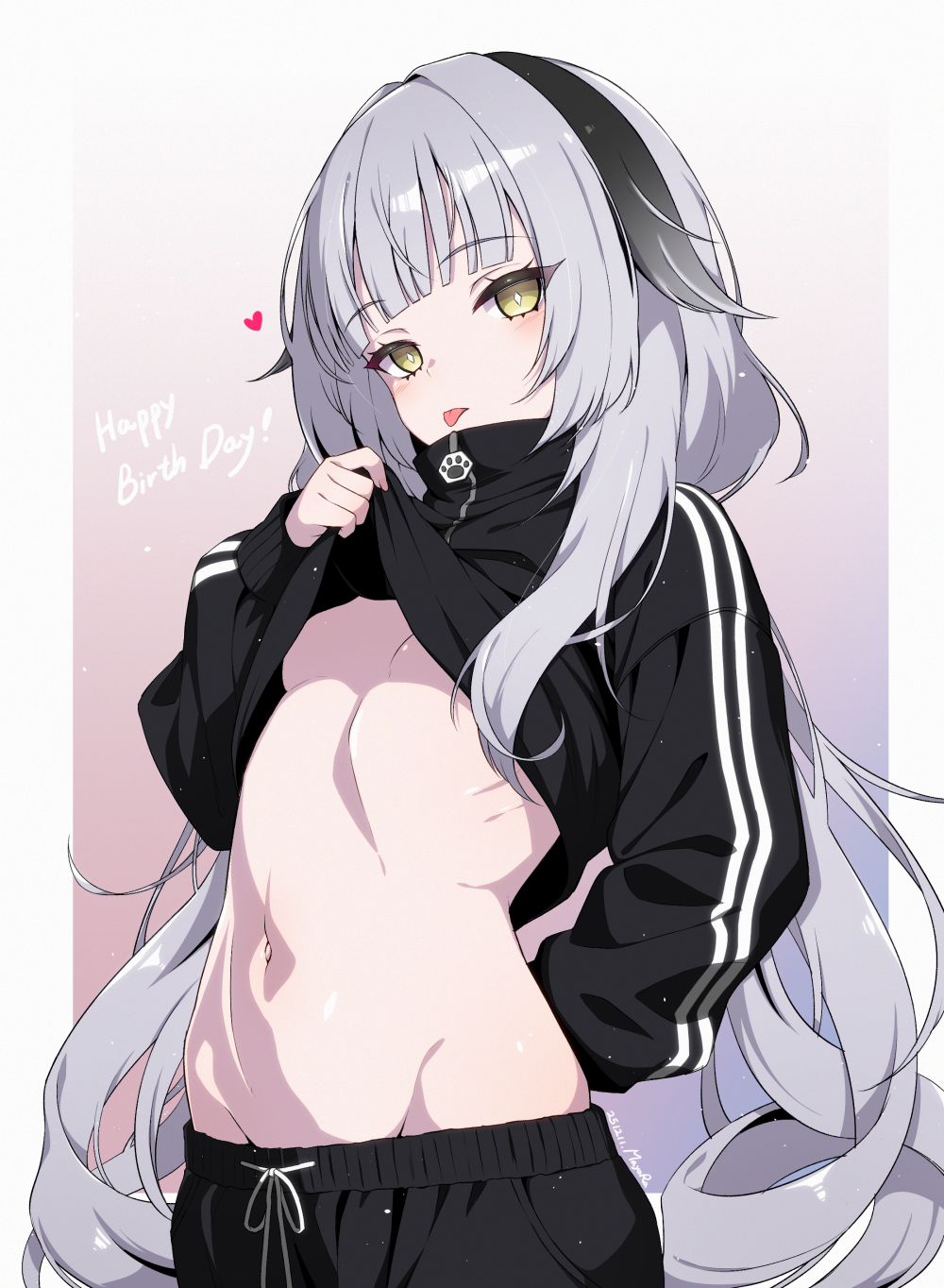 1girl :p arm_behind_back black_hair black_jacket black_pants blush border breasts bright_pupils clothes_lift commentary dated english_commentary gradient_background grey_hair happy_birthday heart highres jacket jacket_lift lifting_own_clothes long_hair long_sleeves looking_at_viewer multicolored_hair navel no_bra outside_border pants ripe.c rurune_(vrchat) signature small_breasts solo streaked_hair tongue tongue_out track_jacket track_pants two-tone_hair underboob very_long_hair vrchat white_border yellow_eyes zipper_pull_tab