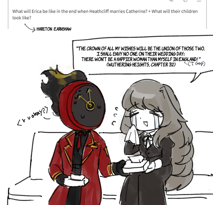 1girl 1other analog_clock black_dress black_gloves black_pants black_shirt brown_hair clock coat commentary couch crying crying_with_eyes_open dante_(limbus_company) dress english_commentary english_text erica_(wutheright) flaming_head flying_sweatdrops gloves gold_trim holding holding_tissue lapels limbus_company long_hair necktie notched_lapels object_head oc_x_canon on_couch open_clothes open_coat original pants project_moon red_coat red_necktie shirt sidelocks sitting speech_bubble tears tissue tissue_box triangle_mouth wutheright