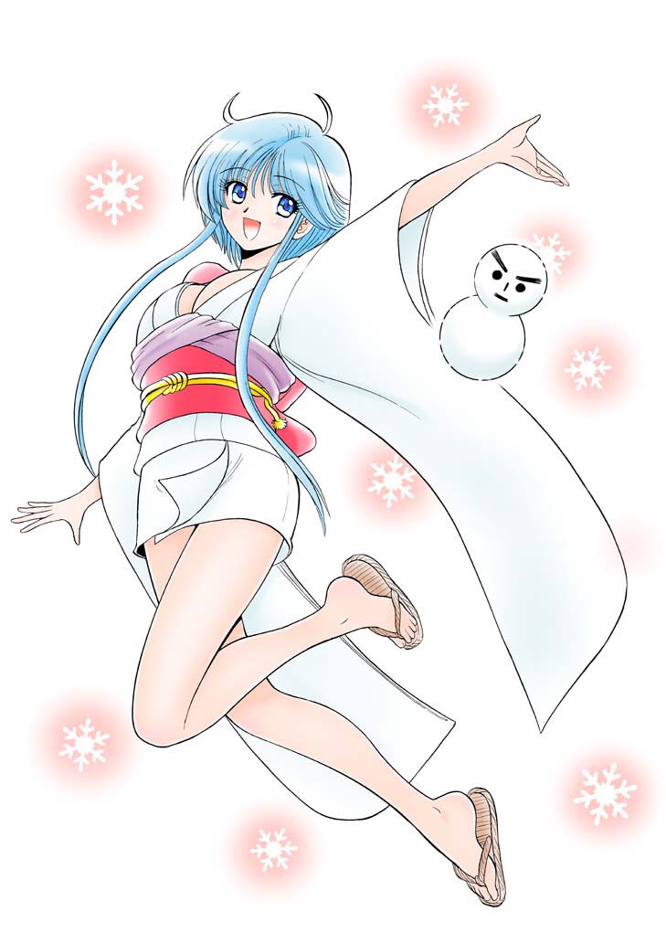 1girl blue_eyes blue_hair breasts cleavage commentary_request full_body japanese_clothes jigoku_sensei_nube kimono leg_up medium_breasts mini_snowman obi official_art okano_takeshi open_mouth pink_sash sandals sash short_hair short_hair_with_long_locks short_kimono simple_background smile snowflakes snowman solo white_background white_kimono wide_sleeves yukime_(jigoku_sensei_nube) zouri