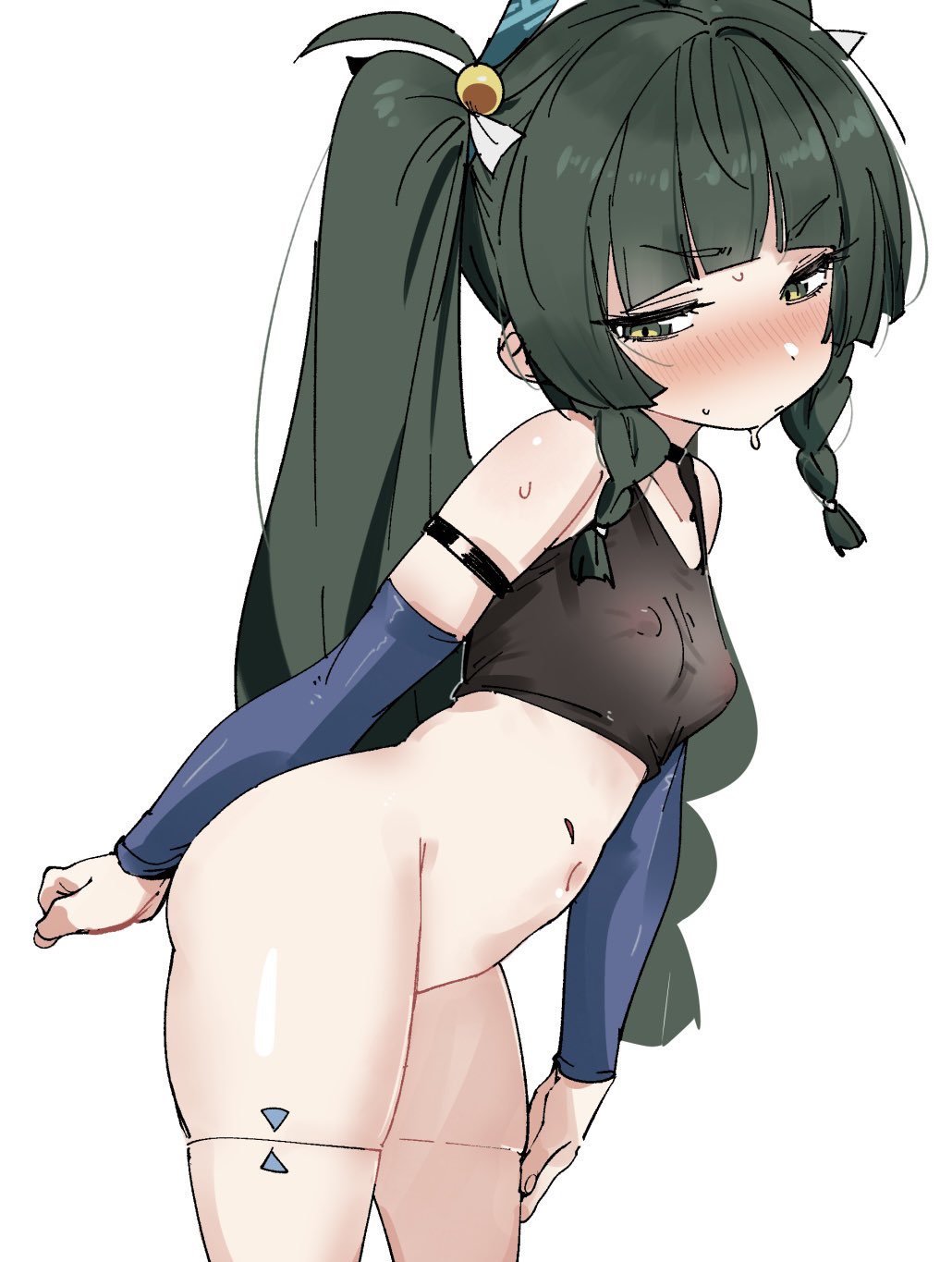 1girl bare_shoulders blunt_bangs blush bottomless braid breasts covered_erect_nipples detached_sleeves green_eyes green_hair hair_ornament loli long_hair navel nose_blush ocha_(popopogg) qingyi_(zenless_zone_zero) simple_background small_breasts solo sweat thighhighs twin_braids twintails very_long_hair white_background zenless_zone_zero
