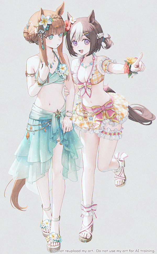 21_(nijuichinichi) 2girls animal_ears aqua_sarong arm_garter bare_shoulders bikini bikini_skirt braid breasts cleavage collarbone commentary_request crown_braid feet flower frilled_bikini frills hair_bun hair_flower hair_ornament hair_ribbon horse_ears horse_girl horse_tail jewelry medium_breasts multicolored_hair multiple_girls navel necklace official_alternate_costume official_alternate_hairstyle open_mouth orange_bikini orange_hair plaid_bikini plaid_clothes purple_eyes ribbon sandals sarong short_hair silence_suzuka_(emerald_on_the_waves)_(umamusume) silence_suzuka_(umamusume) small_breasts smile special_week_(hopp'n_happy_heart)_(umamusume) special_week_(umamusume) stomach swimsuit tail toes umamusume white_hair wrist_flower