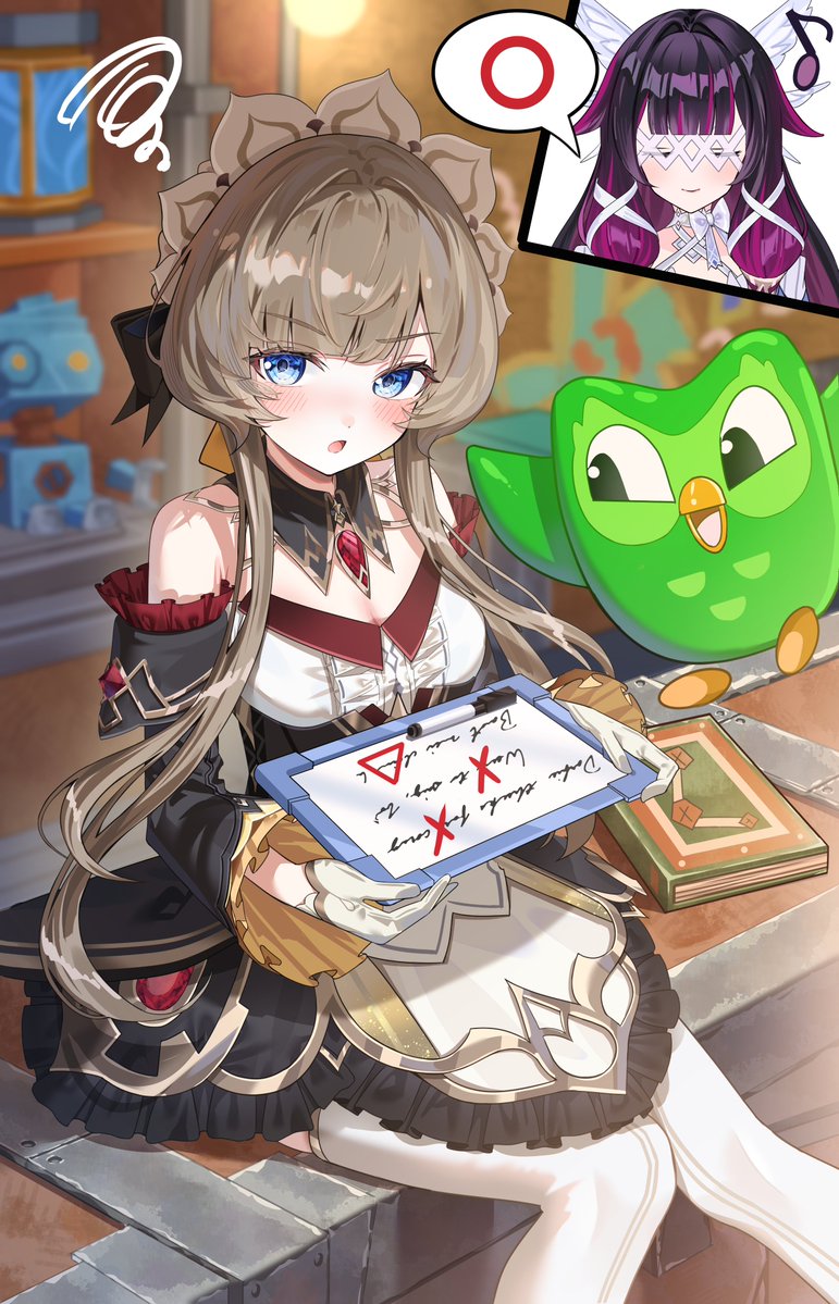 2girls bare_shoulders black_dress blue_eyes blush breasts brown_hair cleavage columbina_(genshin_impact) commentary_request detached_sleeves dress duo_(duolingo) duolingo genshin_impact gloves half_gloves holding komiya_latte long_sleeves looking_at_viewer multiple_girls musical_note open_mouth sandrone_(genshin_impact) short_hair_with_long_locks spoken_object squiggle thighhighs white_gloves white_thighhighs