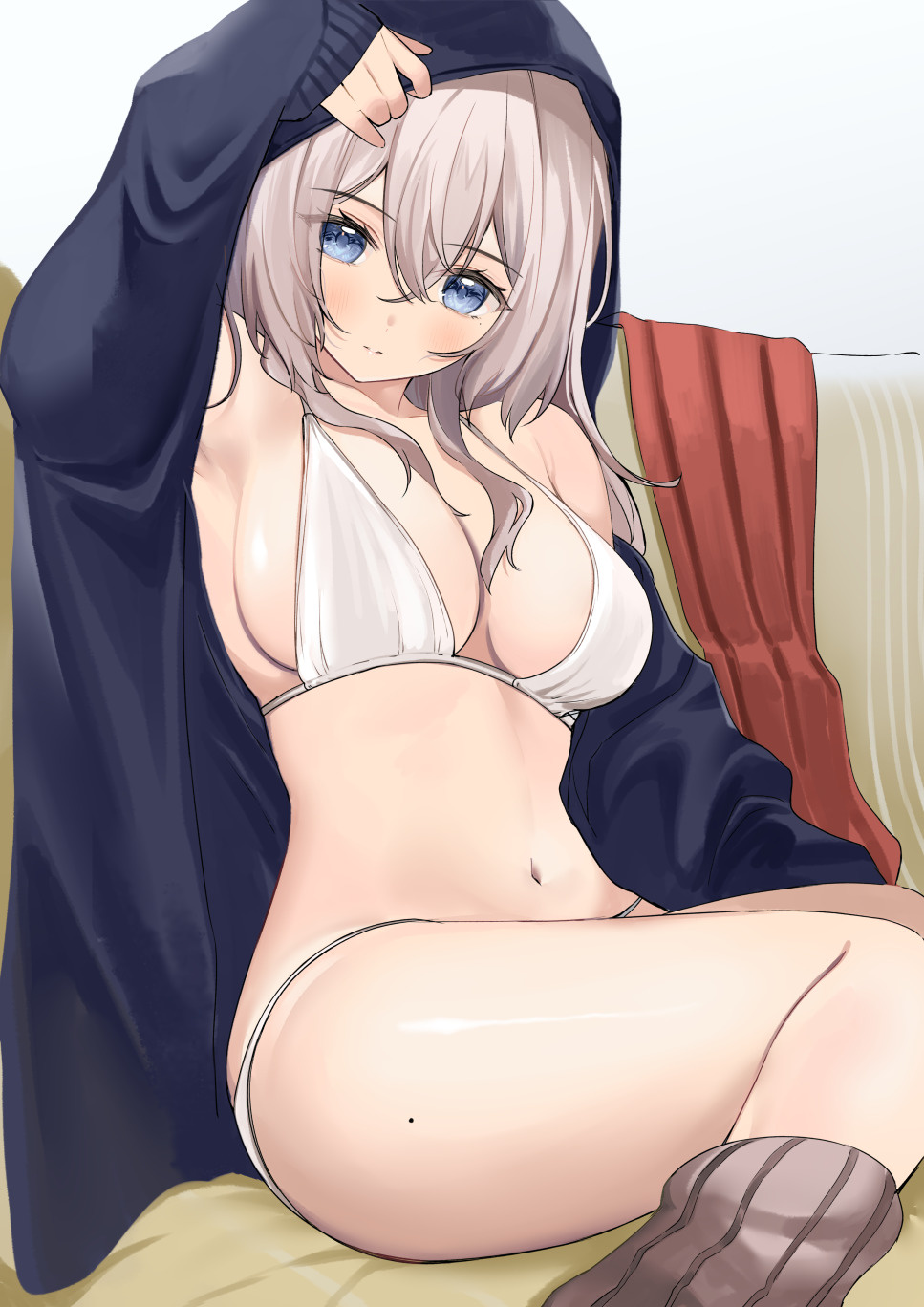 1girl arm_up armpits bikini black_jacket blue_eyes breasts cleavage closed_mouth highres hood hooded_jacket jacket long_hair long_sleeves looking_at_viewer medium_breasts mole mole_on_thigh navel open_clothes open_jacket original ribbed_socks ry_thae sanyu_(ry_thae) sitting socks solo stomach string_bikini swimsuit thighs white_bikini white_hair