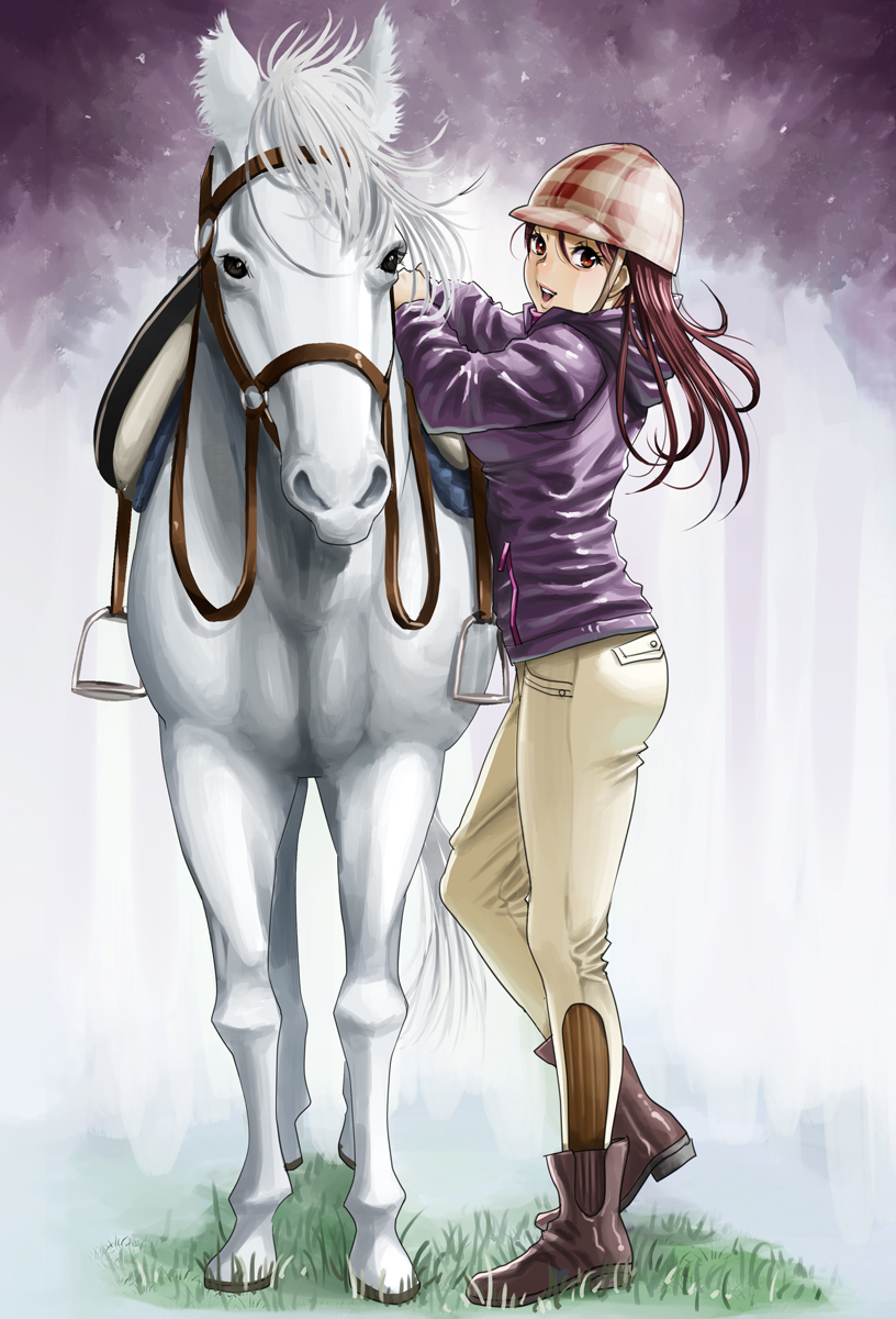 1girl :d animal boots bridle brown_boots brown_eyes brown_hair brown_pants commentary_request contrapposto from_side full_body grass hair_between_eyes hat hayakawa_pao highres horse horse_girl_(stereotype) jacket long_hair long_sleeves looking_at_viewer newsboy_cap open_mouth original pants plaid_hat purple_jacket reins riding_boots riding_outfit saddle smile standing teeth upper_teeth_only white_horse