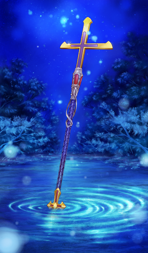 blue_background commentary cross fate/grand_order fate_(series) lasengle latin_cross no_humans object_focus official_art partially_submerged ripples staff third-party_source