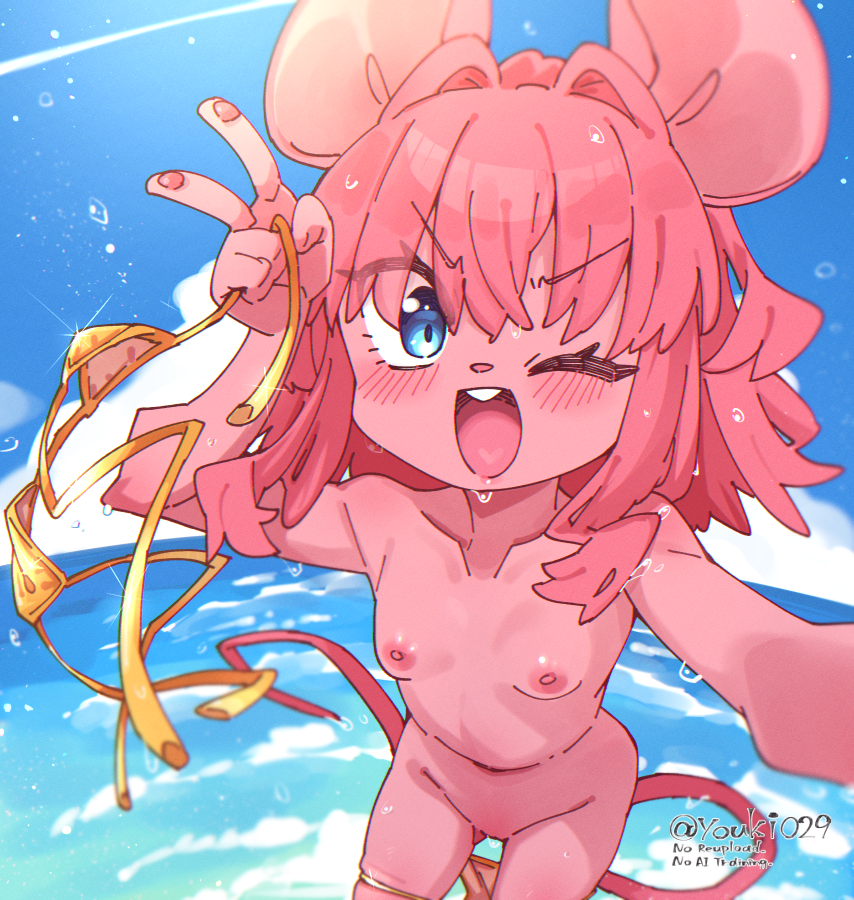 1girl ;d animal_ears animal_nose arm_up artist_name bikini bikini_bottom_pull blue_eyes blush breasts clothes_pull cloud commentary_request day furry furry_female gluteal_fold gold_bikini groin hair_intakes holding holding_swimsuit holding_unworn_clothes holding_with_gesture leaning_forward loli looking_at_viewer mouse_ears mouse_girl mouse_girl_(yuuki_(yuyuki000)) mouse_tail navel nipples nude ocean one_eye_closed open_mouth original outdoors outstretched_arm pink_hair reaching reaching_towards_viewer revision selfie short_hair sky small_breasts smile solo stomach swimsuit tail thighs unworn_bikini_top unworn_swimsuit v v-shaped_eyebrows water yuuki_(yuyuki000)