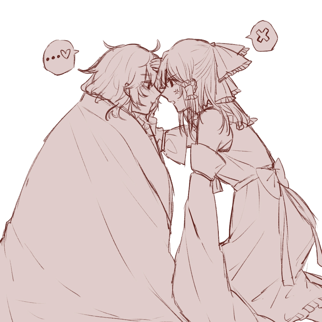 2girls anger_vein angry ascot blush bow commentary_request detached_sleeves eye_contact fever frilled_bow frilled_hair_tubes frills hair_bow hair_tubes hakurei_reimu hand_on_another's_forehead heart hitte5416 kirisame_marisa long_hair looking_at_another monochrome multiple_girls red_theme simple_background spoken_heart touhou under_covers white_background