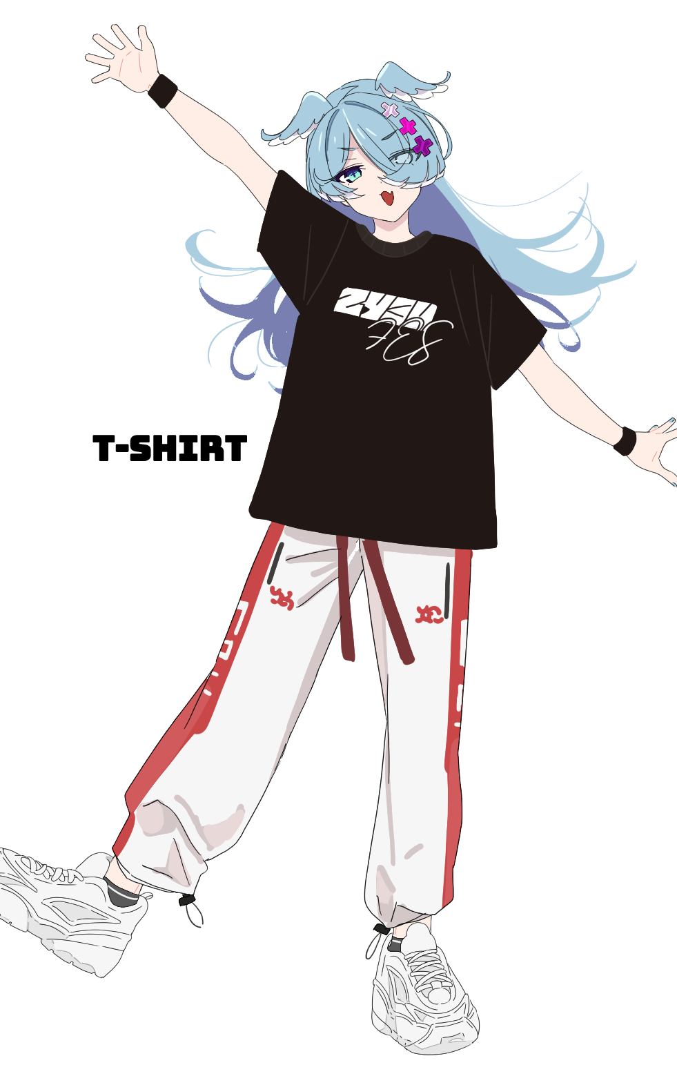 1girl anime_coloring aqua_eyes arm_up black_shirt black_socks blue_hair blue_nails blue_wings diamond-shaped_pupils diamond_(shape) elira_pendora english_text eyes_visible_through_hair feathered_wings full_body hair_ornament hair_over_one_eye hairclip head_wings highres long_hair long_sleeves looking_at_viewer nijisanji nijisanji_en nijisanji_fes_t-shirt npppiyo open_mouth pants parallel_hairclips red_pants shirt shoes sleeves_past_wrists smile sneakers socks solo standing standing_on_one_leg sweatband symbol-shaped_pupils track_pants two-tone_pants v-shaped_eyebrows variant_set virtual_youtuber white_background white_pants white_shoes wings wristband zipper zipper_pull_tab