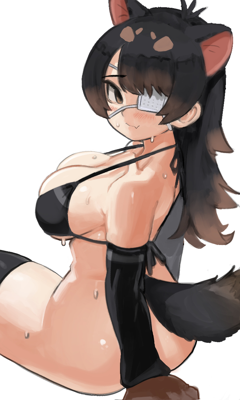 1girl animal_ears australian_devil_(kemono_friends) bikini bikini_top_only black_hair bow bowtie breasts brown_eyes brown_hair commentary_request elbow_gloves extra_ears eyepatch fang gloves highres huge_breasts kemono_friends kemono_friends_3 long_hair looking_at_viewer medical_eyepatch multicolored_hair navel sideboob sitting skin_fang solo strap_gap swimsuit tasmanian_devil_ears thighhighs user_gtxm2887