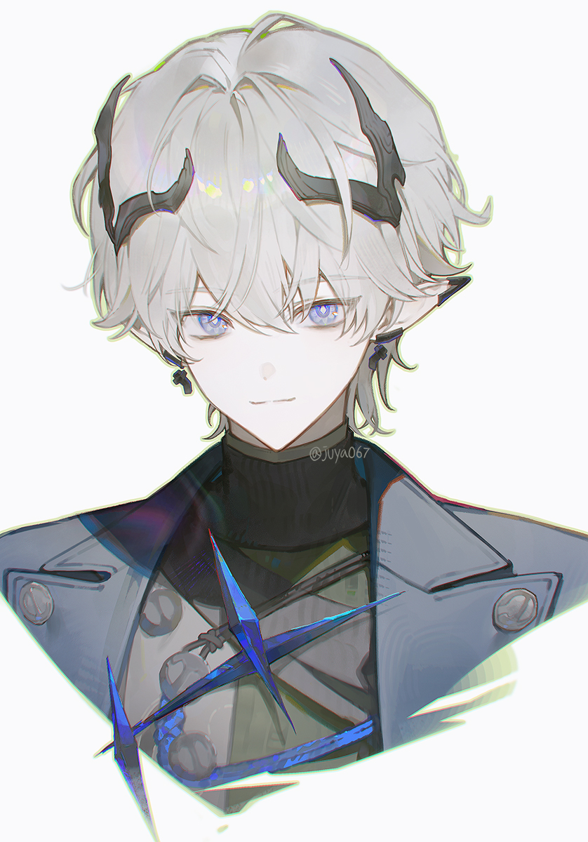 1boy ardashir_(arknights) arknights arknights:_endfield black_horns black_shirt blue_jacket commentary cropped_shoulders ear_covers earrings grey_hair hair_behind_ear highres horns jacket jewelry juya067 lapels male_focus notched_lapels parted_hair piercing pointy_ears shirt short_hair single_ear_cover solo symbol-only_commentary turtleneck