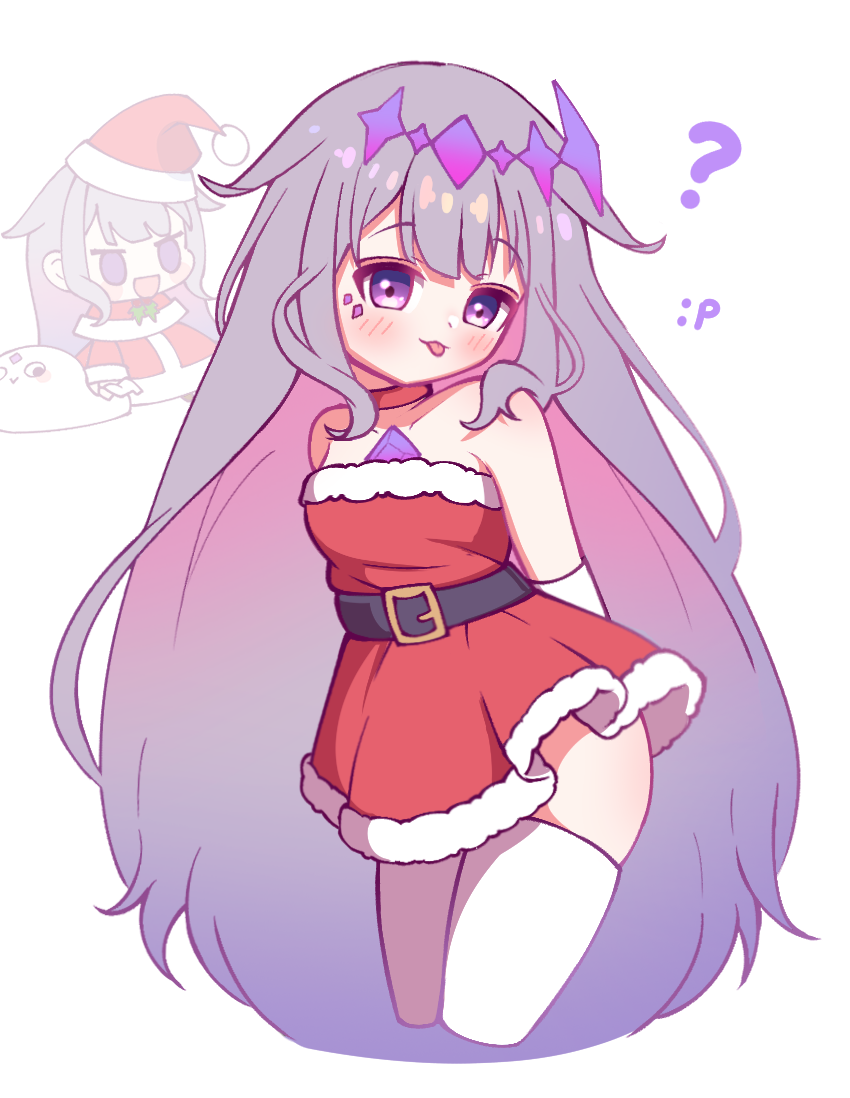 1girl :p ? alternate_costume arms_behind_back belt blush chest_jewel choker christmas colored_inner_hair crown dress elbow_gloves female_focus fur_trim gloves hair_flaps hat hololive hololive_english jewel_under_eye koseki_bijou long_hair looking_at_viewer multicolored_hair padoru_(meme) pebble_(koseki_bijou) purple_eyes purple_hair red_dress santa_costume santa_dress santa_hat shutowl solo strapless strapless_dress thighhighs tongue tongue_out very_long_hair virtual_youtuber white_background white_gloves white_thighhighs