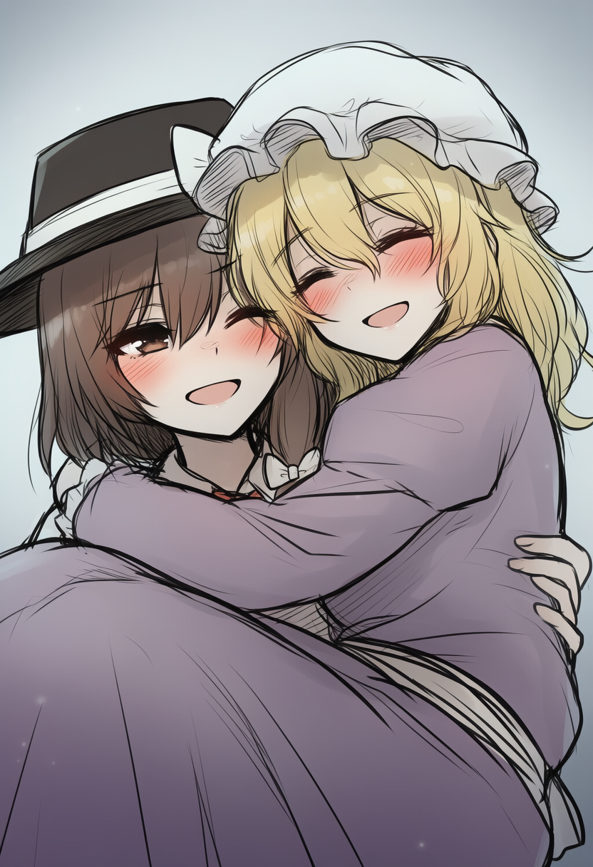 2girls asymmetrical_hair black_hat blonde_hair blush bow brown_eyes brown_hair carrying closed_eyes collared_shirt commentary_request dress feet_out_of_frame frilled_sleeves frills hair_bow hat hat_bow highres kyuort long_sleeves maribel_hearn mob_cap multiple_girls necktie one_eye_closed open_mouth princess_carry purple_dress red_necktie shirt touhou usami_renko waist_ribbon white_background white_bow white_hat white_shirt yuri