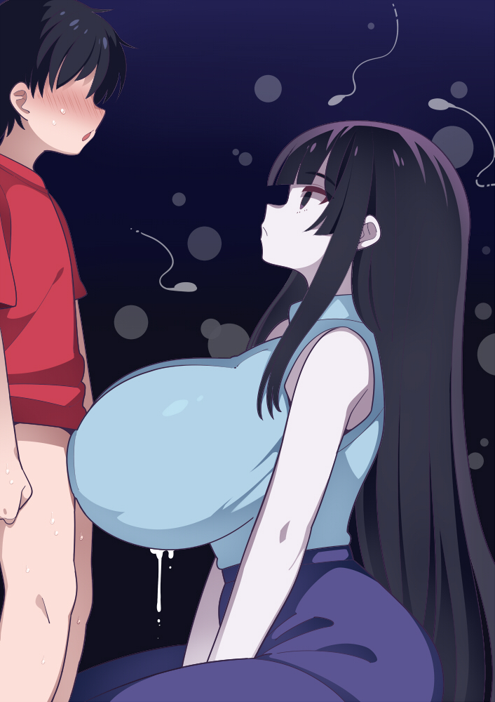 1boy 1girl age_difference black_background black_eyes black_hair blue_shirt blush breasts commentary_request cum faceless faceless_male hammer_(sunset_beach) hetero huge_breasts long_hair looking_at_another onee-shota original pants purple_pants red_shirt shirt shota sitting sperm_cell standing
