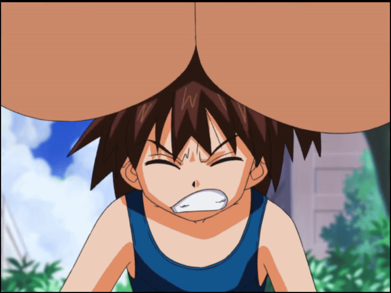 1boy 1girl animated animated_gif anime_screenshot bikini black_bikini breast_rest breasts breasts_on_head brown_hair covered_erect_nipples eiken gigantic_breasts happy huge_breasts mifune_densuke misono_kirika o-ring o-ring_bikini one-piece_swimsuit open_mouth purple_hair smile swimsuit