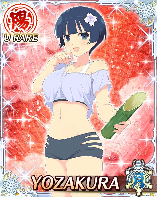 1girl :d arm_up bike_shorts blue_eyes blue_hair border bottle bowl_cut breasts card_(medium) character_name cowboy_shot cropped_shirt flower game_cg groin hair_flower hair_ornament incoming_gift large_breasts navel official_art open_mouth purple_shirt red_background senran_kagura senran_kagura_new_wave shirt short_hair smile solo sports_bra sweat third-party_source water_bottle white_sports_bra yozakura_(senran_kagura)