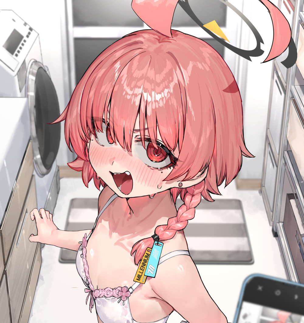 1girl ahoge black_halo blue_archive bra breasts cellphone collarbone commentary_request halo indoors looking_at_viewer neru_(blue_archive) open_mouth phone pink_hair ranf red_eyes small_breasts solo underwear upper_body white_bra