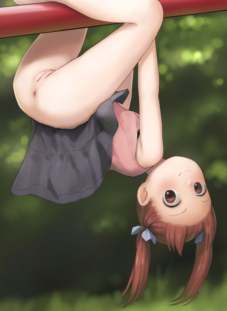 1girl anus ass blush bottomless breasts brown_eyes brown_hair cleft_of_venus clothes_lift exhibitionism female_focus hair_ornament hair_ribbon hanging horizontal_bar ichigo_mashimaro kuroshiro00 loli long_hair looking_at_viewer looking_back matsuoka_miu no_panties outdoors public_indecency pussy ribbon shirt skirt skirt_lift sleeveless sleeveless_shirt small_breasts smile solo thighs twintails uncensored upside-down
