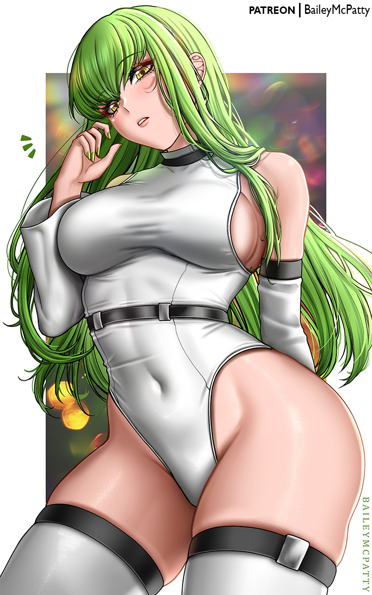 1girl arm_behind_back baileymcpatty breasts c.c. code_geass covered_navel cowboy_shot green_hair green_nails hand_up highleg highleg_leotard highres leotard long_hair looking_at_viewer medium_breasts parted_lips skin_tight solo thighhighs very_long_hair white_leotard white_thighhighs yellow_eyes