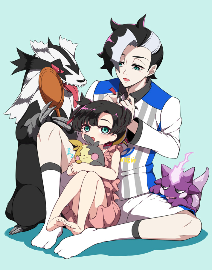 1boy 1girl :o adjusting_hair aged_down barefoot black_hair blush brother_and_sister commentary_request dress galarian_form galarian_linoone gen_8_pokemon green_eyes grey_hair gym_challenge_uniform half-closed_eyes holding holding_pokemon kurobe_sclock marnie_(pokemon) morpeko morpeko_(full) multicolored_hair nintendo open_mouth piers_(pokemon) pokemon pokemon_(creature) pokemon_swsh shirt shorts siblings sitting smile socks toes toxel two-tone_hair white_legwear white_shorts