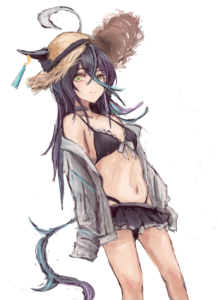 1girl ahoge animal_ears bare_shoulders bikini bikini_skirt black_bikini black_choker black_hair black_skirt blush breasts choker closed_mouth collarbone commentary_request ear_tag earrings ears_through_headwear hair_between_eyes hair_through_headwear hat horse_ears horse_girl horse_tail jewelry long_bangs long_hair long_hair_between_eyes long_sleeves looking_at_viewer manhattan_cafe_(umamusume) multicolored_hair navel open_clothes open_shirt shirt simple_background single_earring skirt small_breasts smile solo stomach straw_hat sun_hat swimsuit tail umamusume white_background white_hair white_shirt yanagi_wakana yellow_eyes