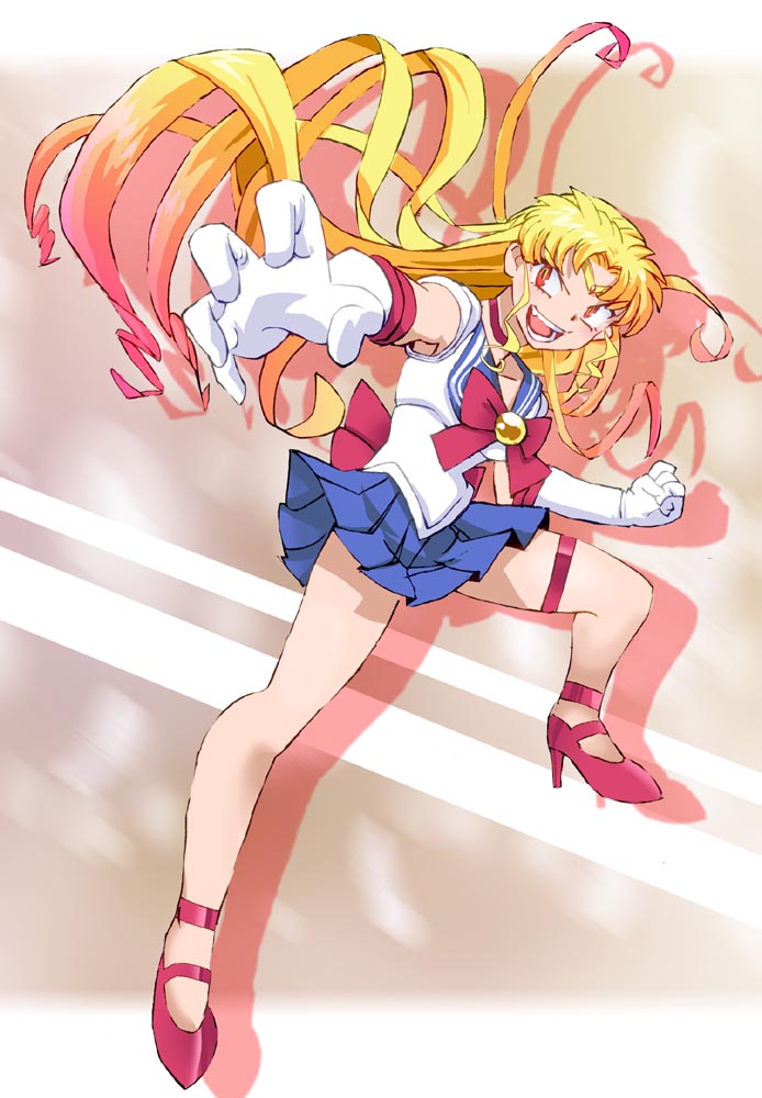 1girl alternate_eye_color alternate_hairstyle bishoujo_senshi_sailor_moon blonde_hair blue_skirt bow brooch brown_background choker claw_pose collarbone fang fighting_stance gloves gradient_hair high_heels jewelry leotard long_hair looking_at_viewer magical_girl multicolored_hair onnaski open_mouth pink_hair red_bow red_eyes red_shoes sailor_moon sailor_senshi sailor_senshi_uniform shoes skirt smile standing teeth thigh_strap tiara transformation_brooch_(sailor_moon) tsukino_usagi two-tone_hair waist_bow white_gloves white_leotard