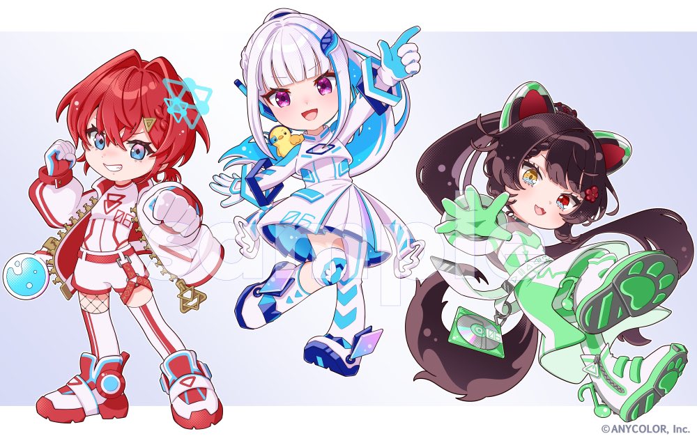 3girls :d ange_katrina animal animal_ears animal_on_shoulder arm_up asymmetrical_legwear belt bird bird_on_shoulder blue_eyes blue_gloves blue_hair blunt_bangs blush boots braid brown_hair brown_tail cd clenched_hands color-coded colored_shoe_soles commentary_request copyright_notice crossed_bangs deformed dog_ears dog_girl dog_tail dress fangs fishnets flask flower gloves gradient_eyes green_gloves grey_background grin hair_flower hair_intakes hair_ornament hands_up heterochromia index_finger_raised inui_toko jacket knee_pads layered_dress leotard leotard_under_clothes lize_helesta long_hair long_sidelocks long_sleeves looking_at_viewer mismatched_legwear mugimugigo multicolored_eyes multicolored_hair multiple_girls nijisanji official_alternate_costume official_art open_clothes open_jacket open_mouth oversized_zipper pink_eyes pleated_dress ponytail puffy_long_sleeves puffy_sleeves purple_eyes red_belt red_eyes red_gloves red_hair red_shoes round-bottom_flask sample_watermark sanbaka_(nijisanji) sebastian_piyodore shoes short_dress short_ponytail shorts sidelocks simple_background single_knee_pad smile sneakers standing streaked_hair tail thighhighs triangle_hair_ornament two-tone_hair very_long_hair virtual_youtuber watermark white_belt white_boots white_dress white_gloves white_hair white_jacket white_leotard white_shoes white_shorts white_thighhighs yellow_eyes zipper