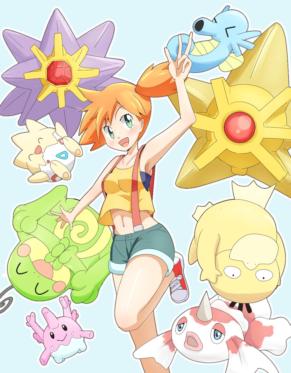 1girl armpits asymmetrical_hair breasts corsola denim denim_shorts gen_1_pokemon gen_2_pokemon goldeen green_eyes green_shorts highres horsea misty_(pokemon) nintendo pokemon pokemon_(anime) pokemon_sm042 pokemon_sm_(anime) politoed ponytail psyduck shirt shoes short_hair short_shorts shorts side_ponytail solo starmie staryu suspender_shorts suspenders tank_top togepi underwater yellow_shirt