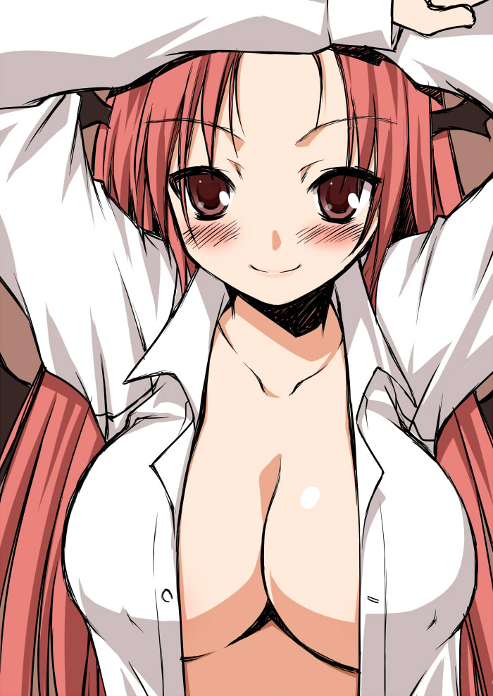 1girl akou_roushi arms_up blush breasts cleavage close-up collarbone dress_shirt female_focus head_wings koakuma large_breasts long_hair no_bra open_clothes open_shirt red_eyes red_hair shirt smile solo touhou unbuttoned upper_body wings