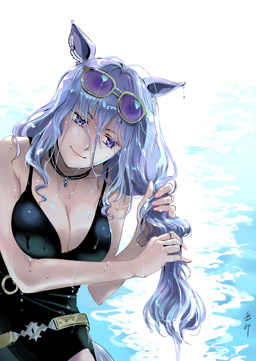 1girl animal_ears armpit_crease bare_arms bare_shoulders black_one-piece_swimsuit breasts cleavage closed_mouth collarbone duplicate ear_ornament eyewear_on_head gold_ship_(run_revolt_launcher)_(umamusume) gold_ship_(umamusume) grey_hair hair_between_eyes holding holding_own_hair horse_ears horse_girl horse_tail jewelry large_breasts long_hair official_alternate_costume official_alternate_hairstyle one-piece_swimsuit pendant pixel-perfect_duplicate purple-tinted_eyewear purple_eyes shiny_skin smile solo sunglasses swimsuit tail tinted_eyewear umamusume water wet wet_hair yue_yin