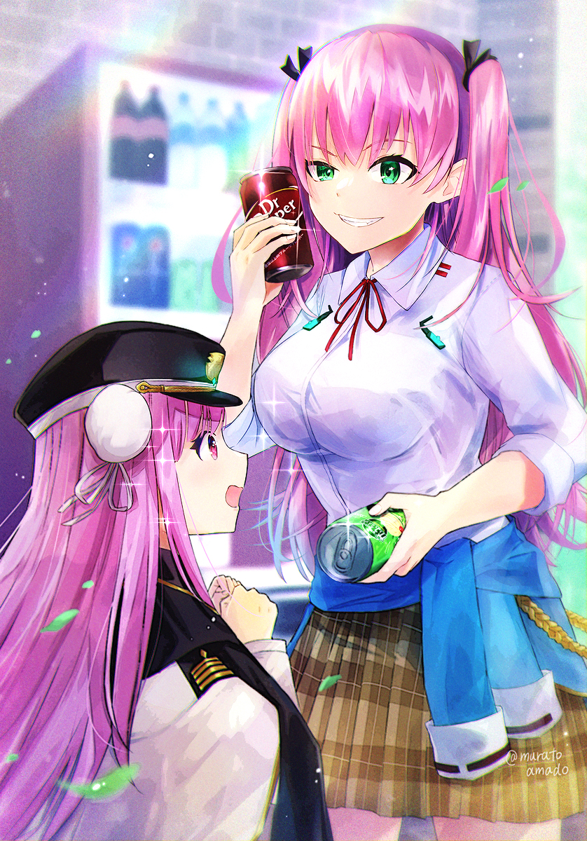 2girls :d aikawa_megumi black_cape black_hat blue_jacket breasts brown_skirt bun_cover can cape clenched_hands clothes_around_waist collared_shirt commentary_request cowboy_shot day dress_shirt dual_wielding film_grain glint green_eyes grin hair_between_eyes hair_bun hands_up hat heaven_burns_red highres holding holding_can jacket jacket_around_waist kunimi_tama large_breasts long_hair long_sleeves looking_at_another miniskirt multiple_girls muratoamado neck_ribbon open_mouth outdoors peaked_cap pink_eyes pink_hair plaid_clothes plaid_skirt pleated_skirt profile rainbow red_ribbon ribbon shirt skirt sleeves_rolled_up smile smug sparkle straight_hair twitter_username two_side_up upper_body v-shaped_eyebrows vending_machine very_long_hair white_shirt