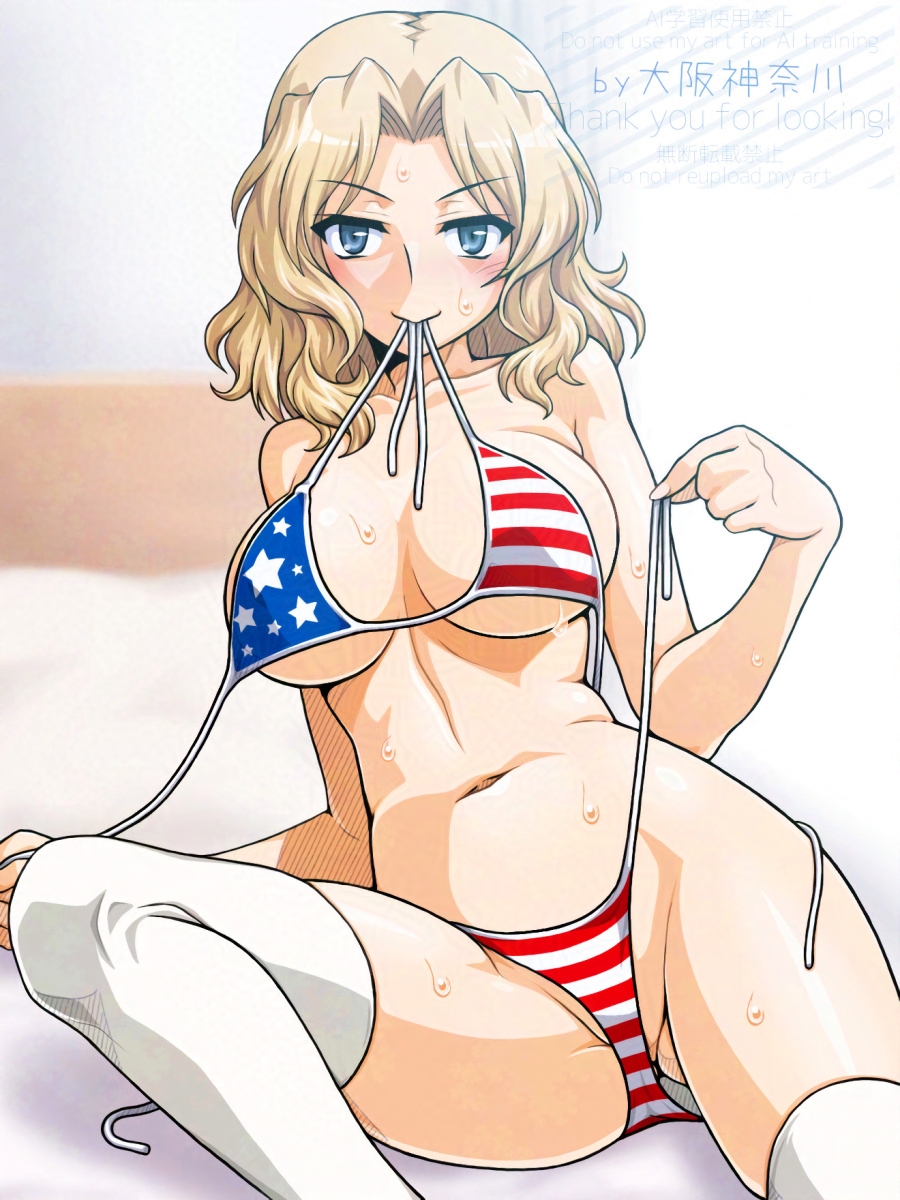 1girl american_flag american_flag_bikini american_flag_print bed bikini blonde_hair blue_eyes blush breasts cleavage collarbone commentary_request commission flag_print flag_print_bikini girls_und_panzer highres indoors kay_(girls_und_panzer) large_breasts looking_at_viewer navel on_bed oosaka_kanagawa pixiv_commission print_bikini side-tie_bikini_bottom skindentation smile solo stomach swimsuit thighhighs variant_set white_thighhighs