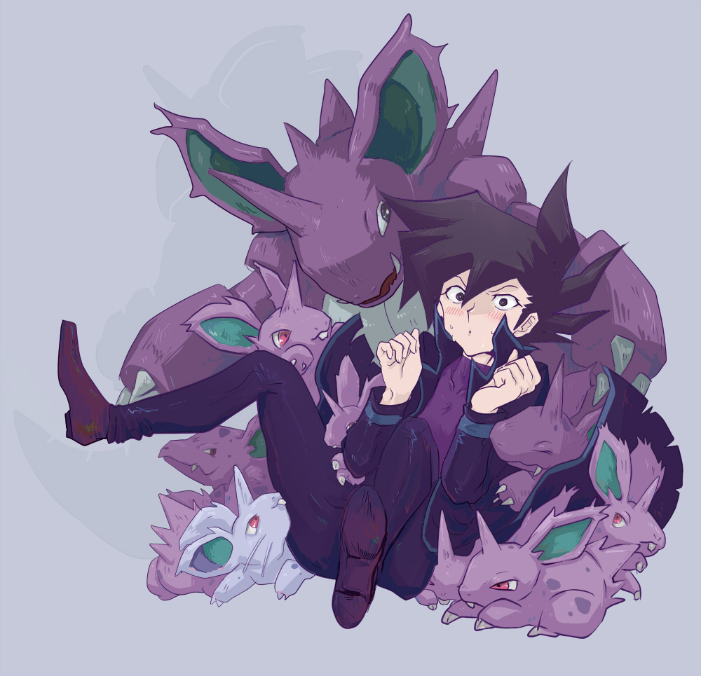 1boy artist_request black_eyes black_hair blush collared_jacket crossover gen_1_pokemon jacket male_focus manjoume_jun moromorono nidoking nidoran nidoran_(female) nidoran_(male) nidorino nintendo pants pokemon pokemon_(creature) red_eyes shoes solo yu-gi-oh! yu-gi-oh!_gx