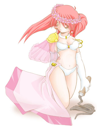 1girl 2000s_(style) alternate_color bad_id bikini breasts cleavage closed_mouth cowboy_shot dancer dancer_(ragnarok_online) elbow_gloves gloves holding holding_whip kei_(fortune) long_hair looking_at_viewer lowres medium_breasts navel pink_hair pink_skirt ragnarok_online showgirl_skirt simple_background skirt smile solo swimsuit twintails white_background white_bikini white_gloves