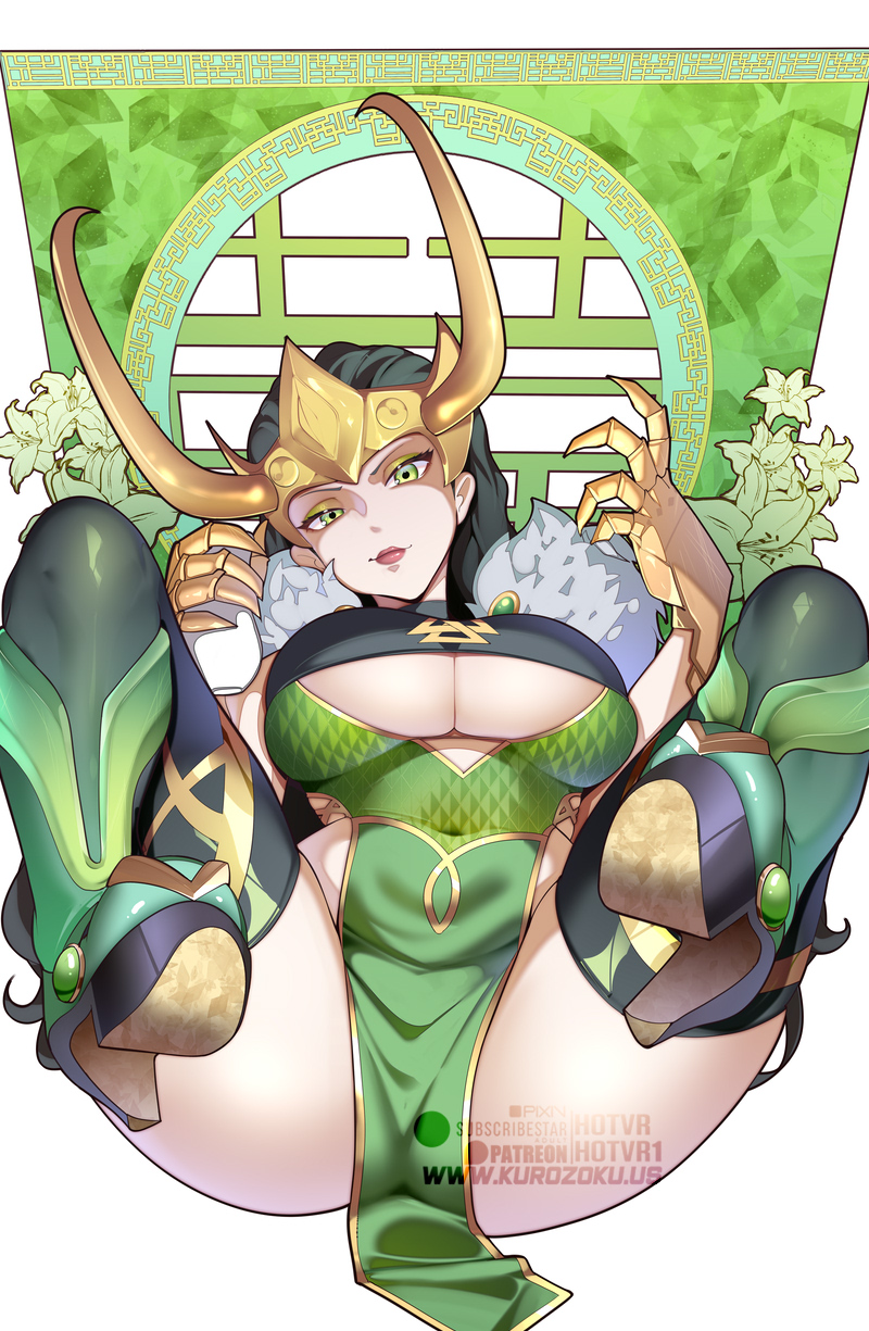 1girl black_hair black_thighhighs breasts cape dress fake_horns fur-trimmed_cape fur_trim gold_gauntlets gold_headwear green_dress green_eyes high_heels highres horned_headwear horned_tiara horns hot_vr lady_loki large_breasts lips loki_(marvel) long_hair looking_at_viewer marvel marvel_rivals pelvic_curtain solo thighhighs tiara underboob