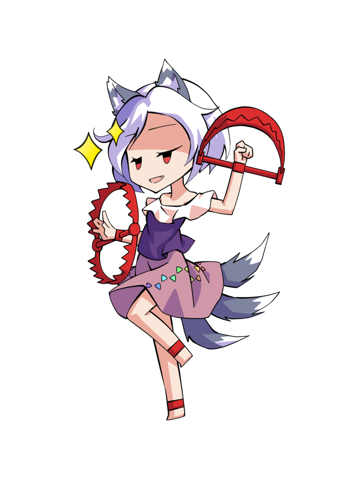 1girl animal_ears anklet arm_up barefoot bear_trap chibi chibi_only commentary_request dairi dog_ears dog_tail full_body grey_hair jewelry large_variant_set mitsugashira_enoko multiple_tails purple_shirt red_eyes shirt short_hair short_sleeves simple_background skirt solo tachi-e tail touhou transparent_background variant_set