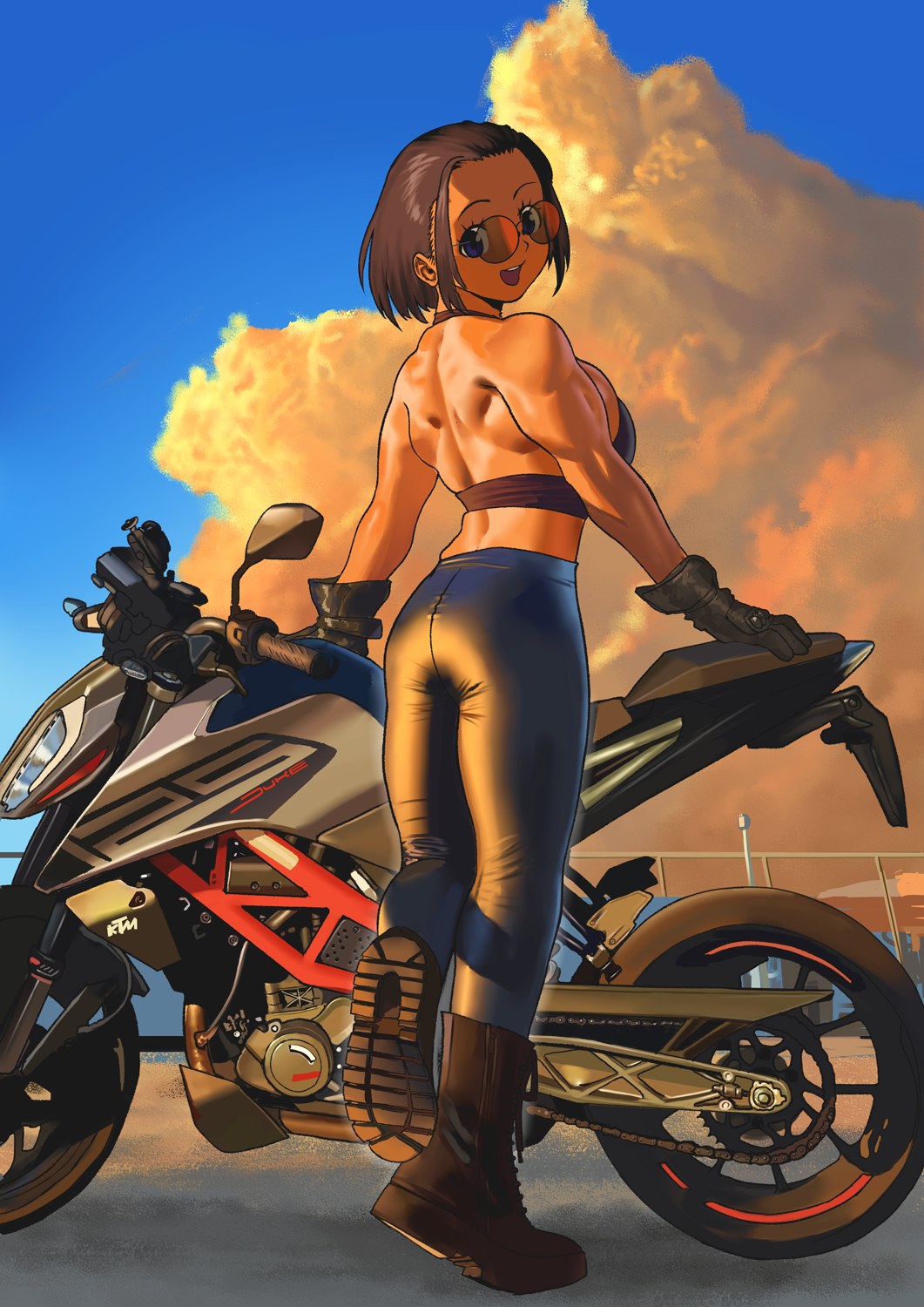 1girl arung_samudra_(cessa) blue_sky cessa cloud commentary dark-skinned_female dark_skin english_commentary gloves highres looking_back motor_vehicle motorcycle muscular muscular_female original sky solo sunglasses sunset