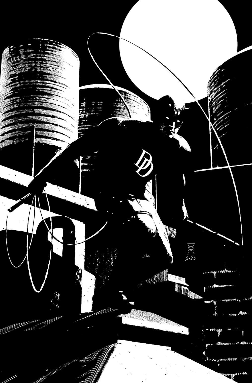 1boy brick_wall character_logo commentary daredevil dark english_commentary full_moon glowing glowing_eyes highres holding holding_nunchaku holding_weapon horned_mask looking_at_viewer male_focus marvel mask monochrome moon muscular night no_pupils nunchaku on_rooftop rooftop solo squatting superhero_costume valerio_giangiordano water_tower weapon